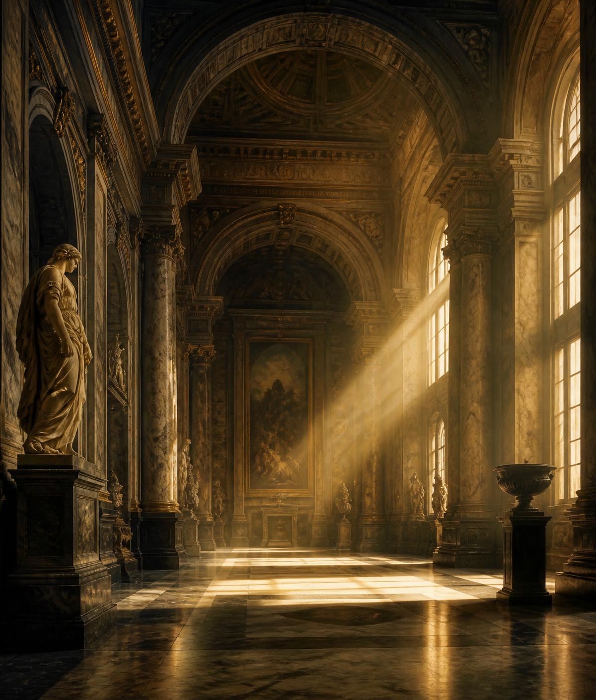 A grand marble museum hall with warm sunlight